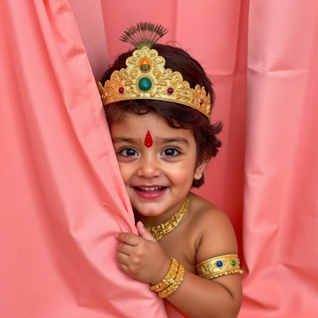 AI Headshot: A {prompt} child dressed as LittleKrishna, playfully peeking through soft pink silk curtains. The child wears an elaborate golden crown adorned with peacock feathers and colorful gemstones, with a distinctive red tilak mark on the forehead. Large expressive eyes and a mischievous smile are partially concealed behind the luxurious fabric as the divine child gently holds it aside. Intricate gold jewelry on the neck and wrist glints softly in the warm light. The silky pink drapery creates a royal aesthetic, perfectly framing the child's innocent and curious expression.