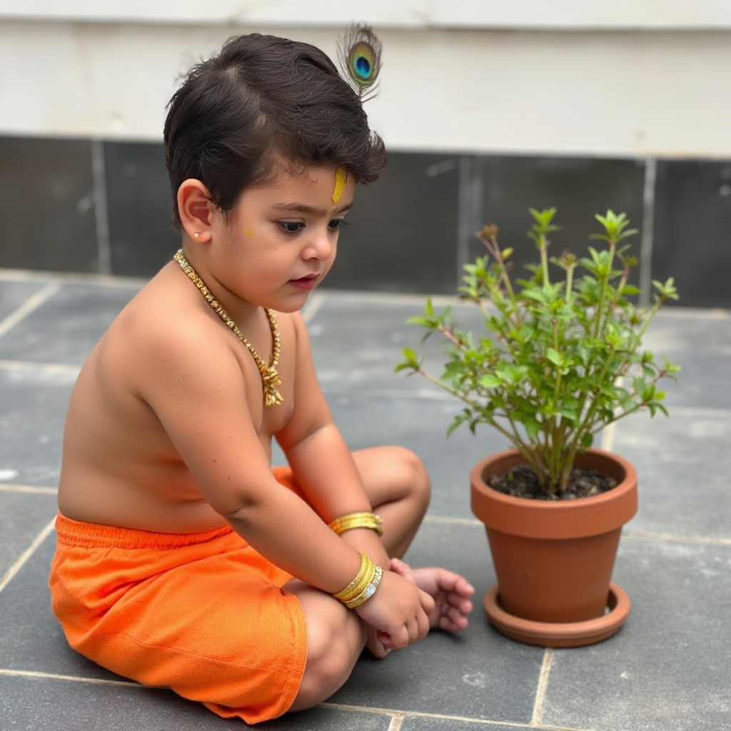 AI Headshot: A {prompt} child dressed as LittleKrishna, sitting beside a terracotta pot containing a green tulsi plant. The child wears a simple dark crown adorned with a single peacock feather, with a distinctive yellow tilak mark on the forehead. Seated on a stone floor, the child is dressed in a simple orange dhoti and gazes at the plant with an innocent, attentive expression. Delicate gold jewelry on the neck, arms, and wrists adds a divine touch to the otherwise humble and serene setting.