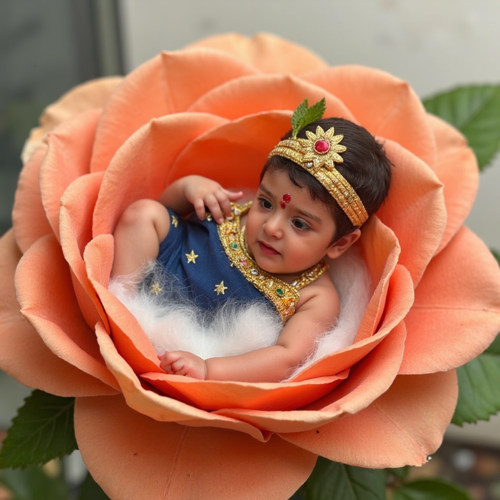 AI Headshot: A {prompt} child dressed as LittleKrishna, peacefully nestled within the petals of a magnificent peach-colored rose. The child wears an elaborate golden crown adorned with gemstones and a central sun motif, with a distinctive red tilak mark on the forehead. Wrapped in a luxurious deep blue fabric embellished with intricate golden patterns and star motifs, the divine infant rests with one hand gently tucked beneath the cheek, floating atop a bed of soft, ethereal clouds. The giant rose cradles the child, its delicate petals unfurling to create a natural, protective embrace.