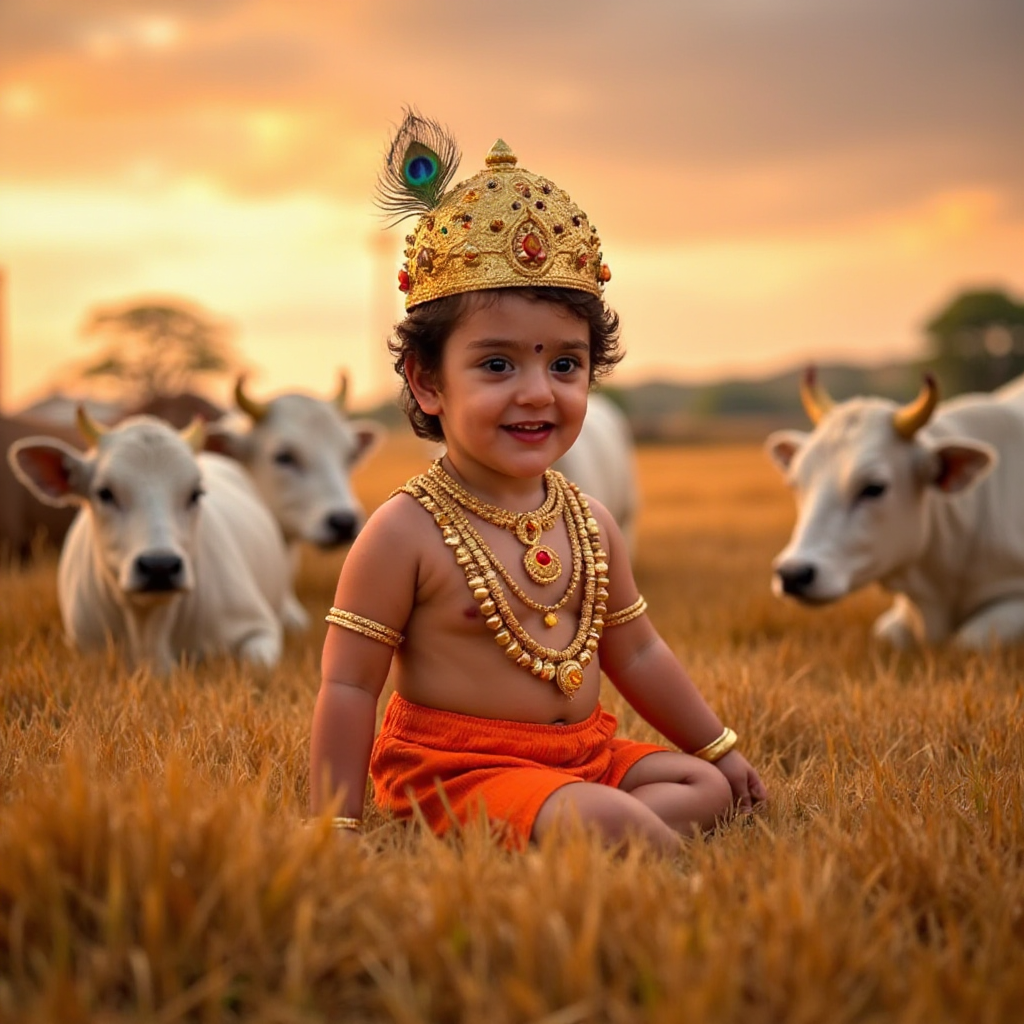 AI Headshot: A {prompt} child dressed as LittleKrishna, sitting among a herd of sacred cows during golden hour, bathed in the warm hues of sunset. The child wears an elaborate golden crown featuring a peacock feather and jewel embellishments, while intricate golden jewelry adorns the neck, arms, and wrists. Seated comfortably in a vast field of golden wheat swaying gently in the breeze, the peaceful cows surround the child with a sense of reverence and protection. The background showcases a breathtaking sunset with soft clouds illuminated in amber and gold, creating a serene and divine pastoral scene.