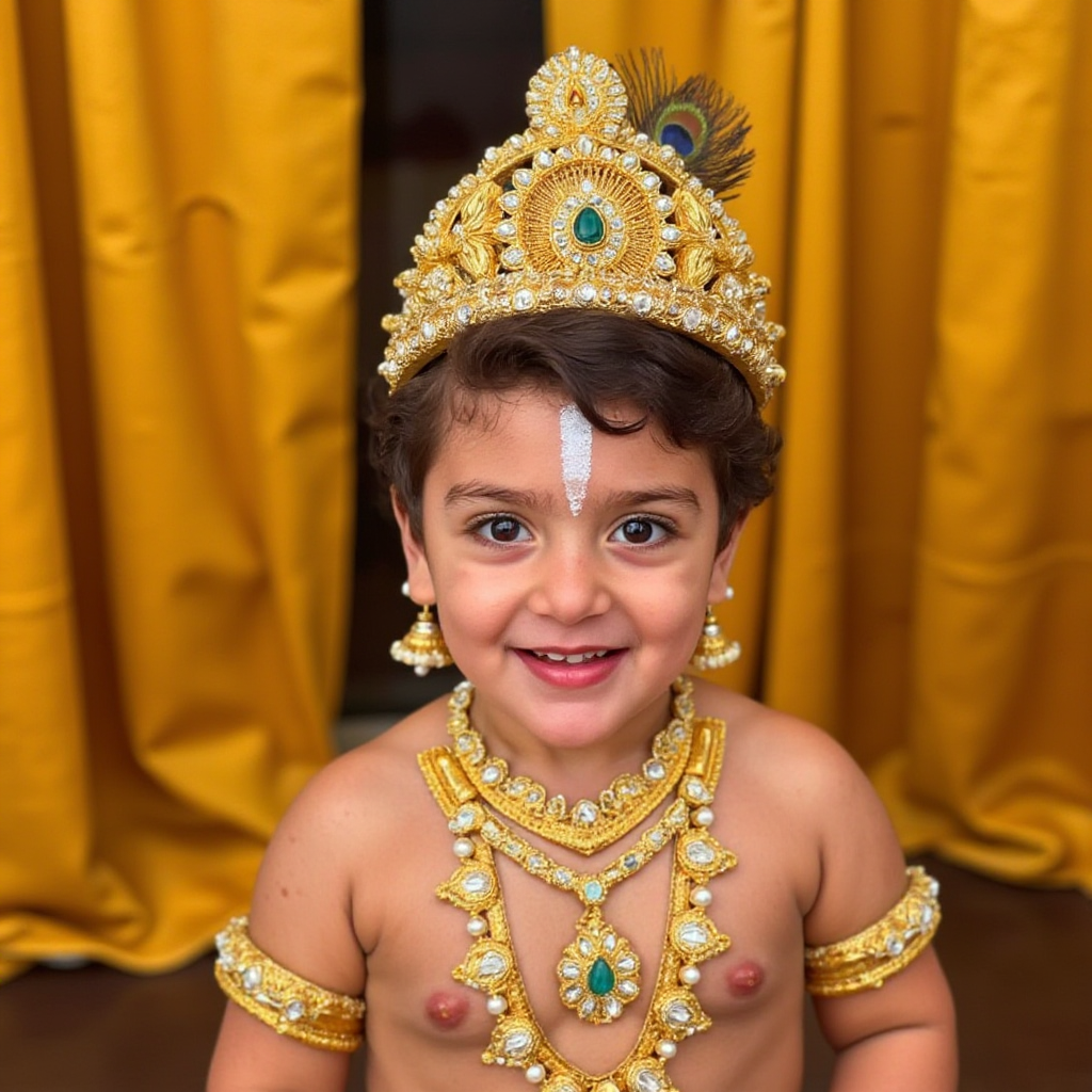 AI Headshot: A {prompt} child dressed as LittleKrishna, standing regally between golden curtains, exuding divine grace. The child wears a magnificent golden crown studded with rubies and pearls, with an elegant white tilak mark adorning the forehead. Dark curly hair frames the face, accentuated by ornate golden earrings that glisten in the light. Multiple layers of intricately designed golden necklaces cascade down the chest, featuring exquisite floral motifs and embedded gemstones. A delicate peacock feather is elegantly arranged near the crown, symbolizing divine connection. The golden curtains create a grand, stage-like setting, evoking the presence of a celestial being appearing before devotees.