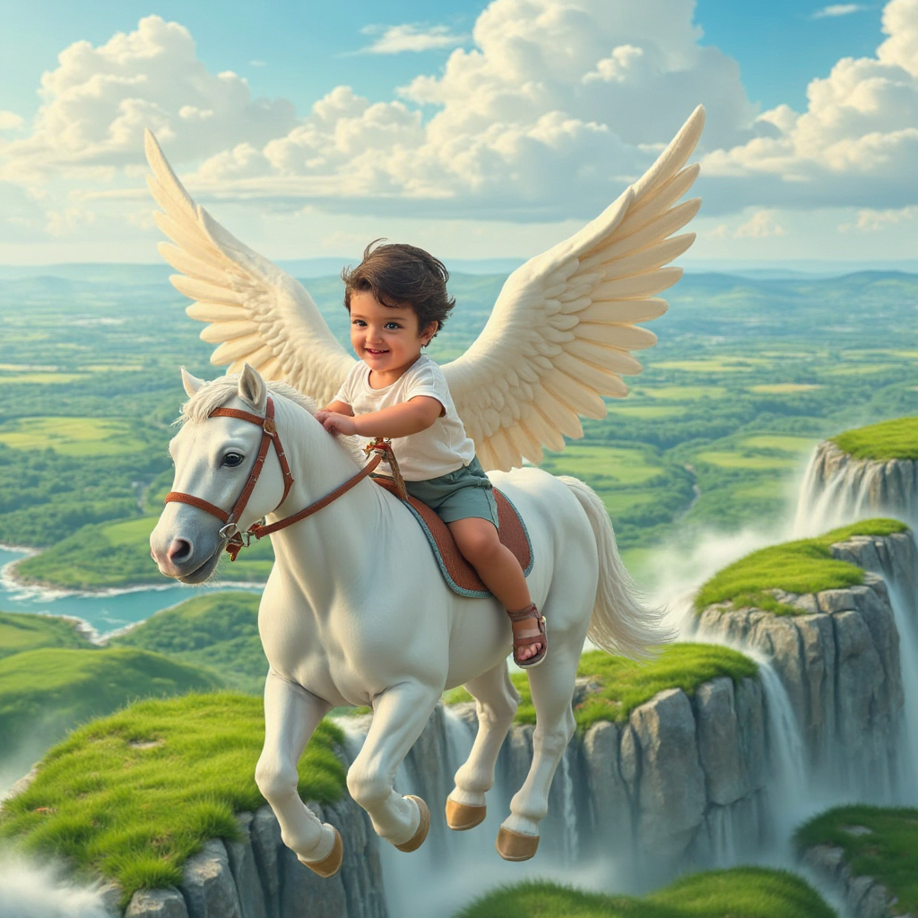 AI Headshot: A {prompt} child gripping the reins of a magnificent white pegasus, soaring through the clouds. Below them, rolling green hills and sparkling rivers stretch to the horizon. The child’s expression is filled with exhilaration and freedom as they ride through the open sky, the wind rushing through their hair and the sunlight casting a golden glow on the scene.