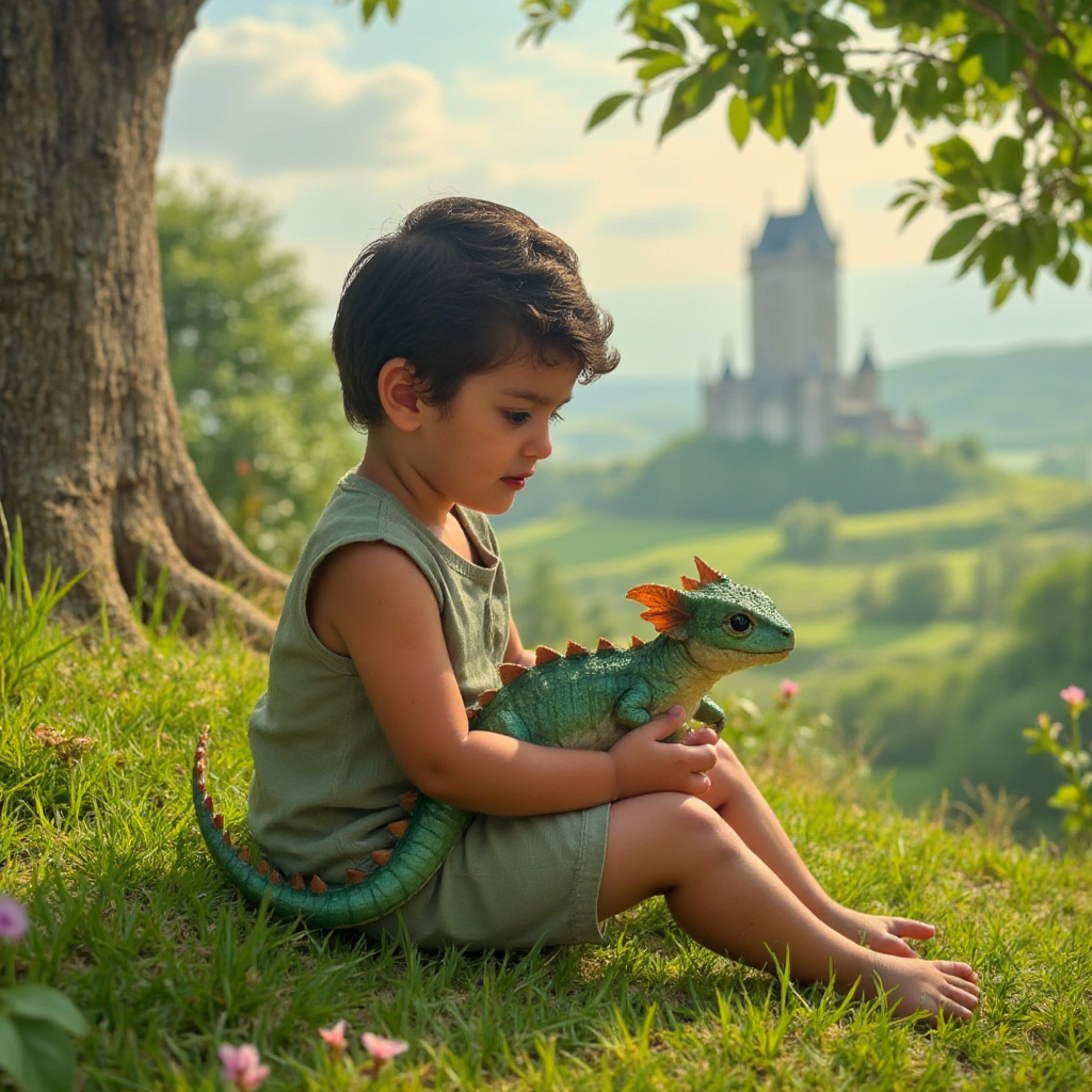 AI Headshot: A {prompt} child sitting in a hidden meadow, holding a tiny baby dragon in their hands. The dragon’s scales shimmer in soft shades of emerald and gold, its wings barely developed. The child looks at it in awe, realizing they have stumbled upon a magical creature thought to be only a legend. In the distance, the outline of a towering castle looms, hinting at an even bigger adventure ahead.