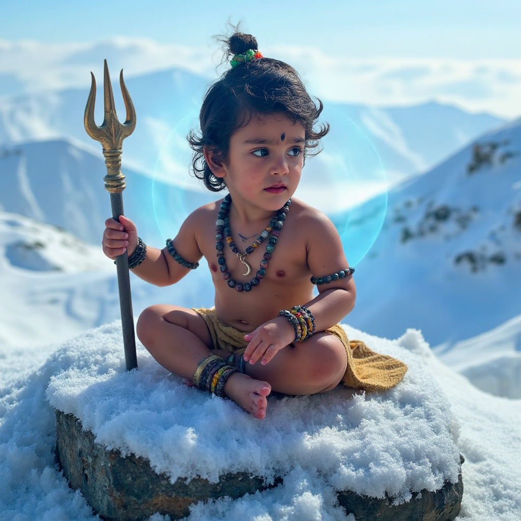 AI Headshot: A {prompt} child dressed as Little Shiva, sitting in a meditative posture on a snow-covered Himalayan peak. The child has ash-smeared skin, dark flowing hair tied into a small bun with the crescent moon resting on the side, and three straight lines of Tilak on the forehead. He wears rudraksha beads around his neck and arms, and a tiger-skin cloth draped around his waist. The cold wind flows gently, and a trident (trishul) is planted firmly beside him. The scene is mystical, with a glowing blue aura around the child, symbolizing divine energy, as soft clouds hover below the mountains, adding a celestial effect.