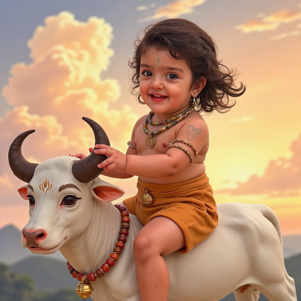 AI Headshot: A {prompt} child dressed as Little Shiva, sitting atop a sacred white bull, Nandi. The child wears a tiger-skin cloth draped around the waist, ash markings (vibhuti) on the forehead and arms, and a rudraksha mala made out of Rudraksha Bead around the neck. His curly dark hair flows freely, adorned with a crescent moon and Ganga flowing subtly from the locks. Nandi, the sacred bull, has gentle, kind eyes and a golden bell around its neck. The background is a soft twilight sky with golden clouds, creating a peaceful and divine atmosphere as the child gently holds Nandi’s back, symbolizing their unbreakable bond.