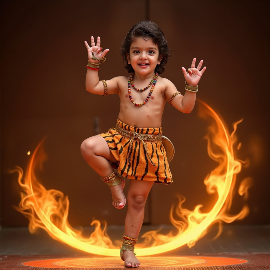 AI Headshot: A {prompt} child dressed as Little Shiva, performing a graceful pose of the cosmic Tandava dance. His long dark curls flow with movement, and a faint celestial glow radiates around him. The child wears a tiger-skin cloth, rudraksha beads, and ash markings on the arms and forehead. In one hand, he holds a small damaru drum, while the other hand is gracefully raised. Behind him, mystical flames rise in a divine circle, symbolizing the power of creation and destruction. The ground beneath his feet glows with divine energy, capturing the raw power and grace of Shiva’s dance.