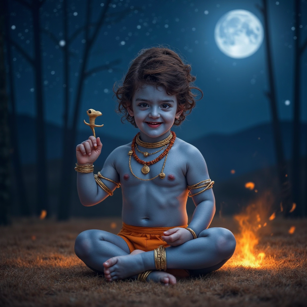 AI Headshot: A {prompt} child dressed as Little Shiva, depicted as Neelkanth—the blue-throated divine form. His skin has a subtle blue hue, especially around the throat, glowing softly under the light of the full moon. He wears a garland of rudraksha beads, a small golden snake coiled around his wrist, and a crescent moon resting on his wild, curly locks. He is seated beside a sacred fire with small flames flickering, casting a warm glow on his serene yet powerful expression. The cosmic night sky behind him is filled with soft stars, adding to the divine aura of the scene.