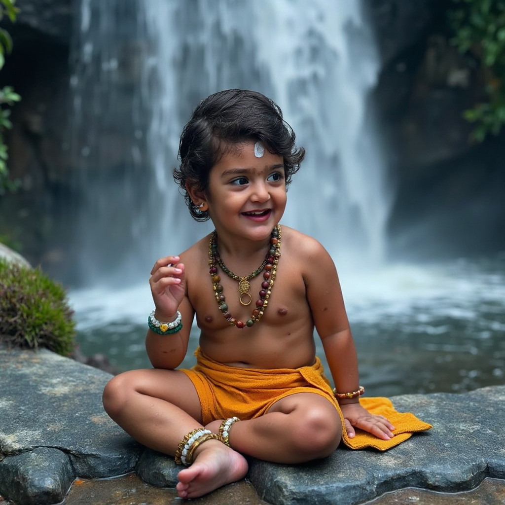 AI Headshot: A {prompt} child dressed as Little Shiva, sitting calmly under a cascading waterfall, symbolizing the descent of the sacred Ganga river. His curly hair is wet and glistening, with the crescent moon shining through the mist. He wears a garland of rudraksha beads, a tiger-skin cloth, and three ash lines across his forehead. The scene is filled with divine energy, as the flowing water creates a mystical glow around him, blending power and serenity in a captivating composition.