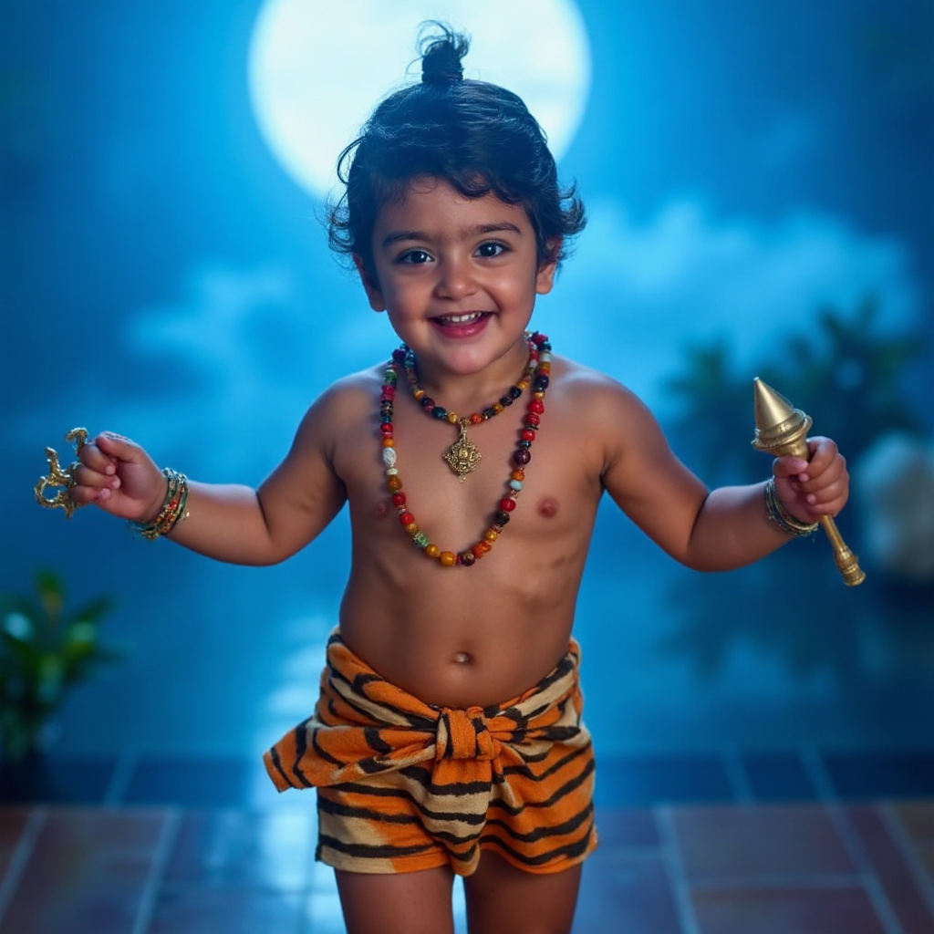 AI Headshot: A {prompt}  child   dressed as littleshiva , dancing joyfully with a bright, innocent smile in a mystical, blue-themed setting. The child wears a tiger-print dhoti, multiple rudraksha bead necklaces, and sacred ash (vibhuti) markings on the forehead and arms. Their curly hair is tied in a small bun, adorned with a crescent moon and a tiny snake. Holding a miniature trident (trishul) in one hand and a small damaru drum in the other, the child twirls with delight, their chubby cheeks glowing with happiness. The background features a celestial blue ambiance with soft glowing light, resembling Mount Kailash or a divine energy field, with a gentle aura surrounding the child, enhancing the spiritual yet playful atmosphere