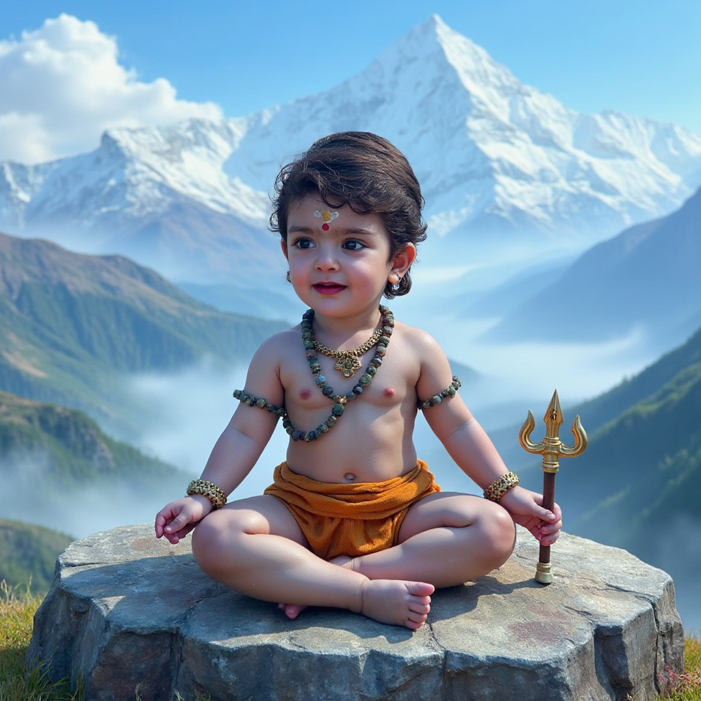 AI Headshot: A {prompt} child depicted as a highly detailed and realistic illustration of baby Lord Shiva meditating in the Himalayas. Baby Shiva, with pale ash-covered skin, sits cross-legged on a rock, wearing a tiger-skin cloth around his waist. He has a gentle, serene expression with a tiny third-eye mark on his forehead and wears a small rudraksha bead necklace. A snake is wrapped around his neck, and a miniature trident rests beside him. The background showcases a breathtaking Himalayan landscape with towering snow-capped peaks, soft mist, and a gentle blue aura around him, creating a peaceful, divine atmosphere.