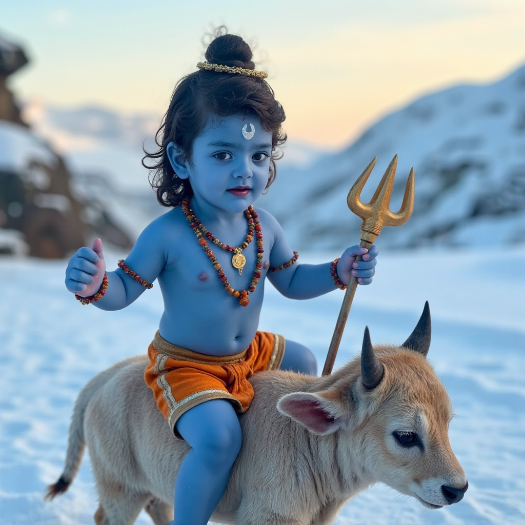 AI Headshot: A {prompt} child in a closeup  shot, depicted as Hindu god Shiva, a cute blue-skinned toddler wearing a tiger-skin loin cloth, rudraksha necklace, and vibuthi on the forehead. The child holds a trident in the left hand, has long curly hair adorned with a crescent moon, and sits on a baby ox with tiny horns. The background features epic fantasy snowy mountains with soft, pleasing colors, creating a magical atmosphere with a feeling of love and devotion. Photorealistic, 8K, hyper-detailed.