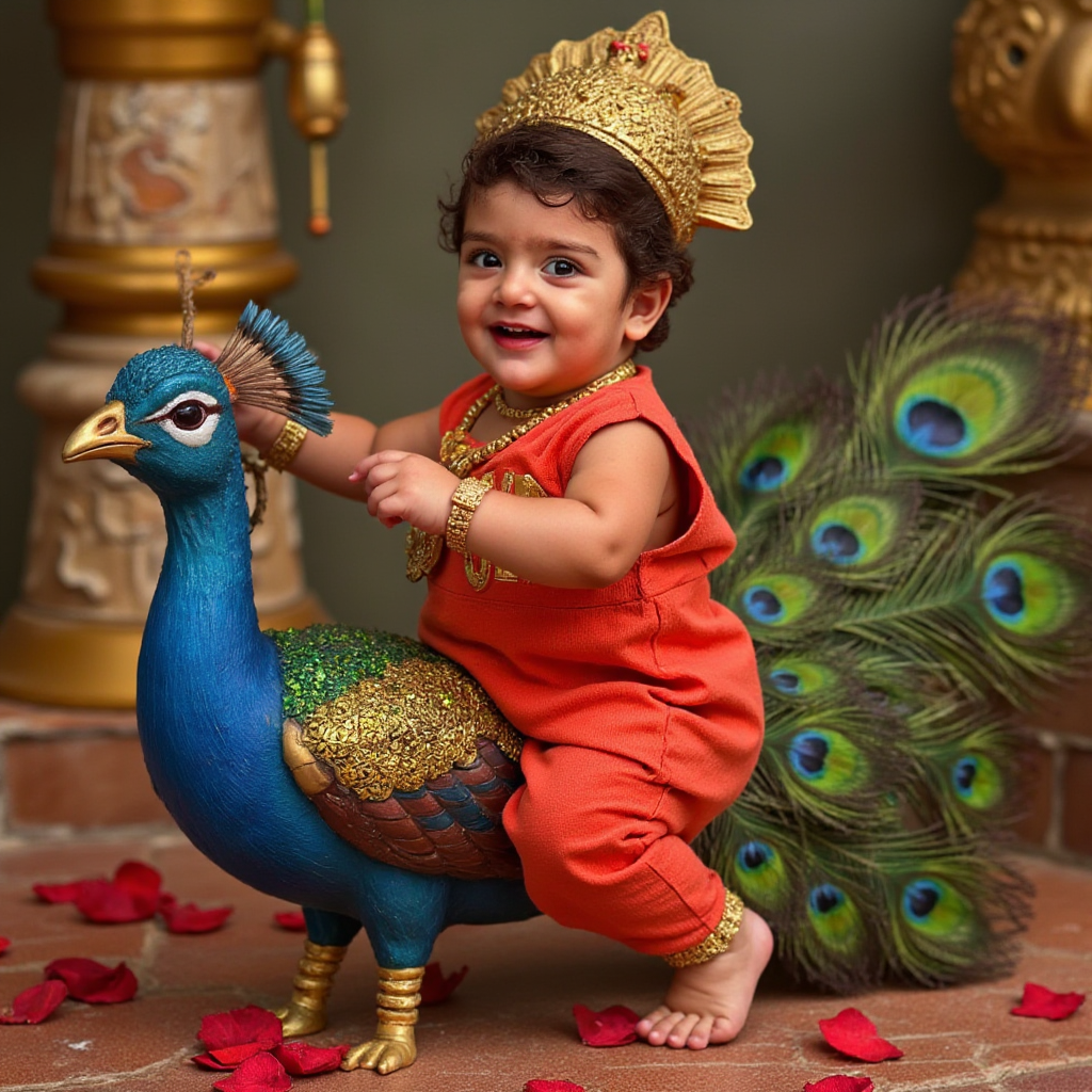 AI Headshot: A {prompt} child depicted as a 6-month-old baby Lord Murugan, holding a golden vel in one hand while riding a majestic peacock. The child wears a red traditional attire, has a cute smile, curly hair, fair skin tone, and a golden crown while facing the camera. The background features rose petals, peacock feathers, and blue and yellow sparkles in a temple setting. 8K HD realistic.