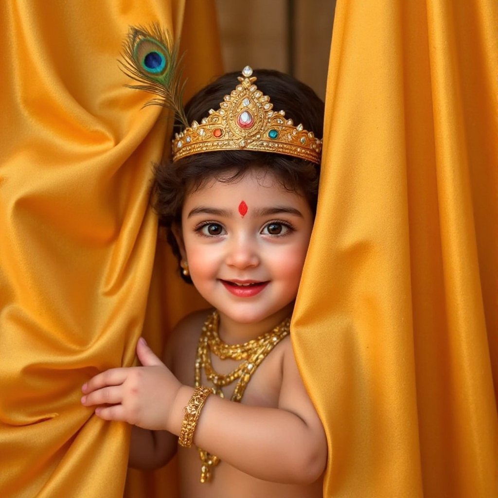 AI Headshot: A {prompt} child dressed as LittleKrishna, peeking playfully through golden silk curtains with a soft, innocent expression. The child wears an ornate golden crown adorned with a peacock feather and sparkling jewels, along with intricate gold necklaces. His large, expressive eyes and gentle smile add to the divine and enchanting feel. The setting is warm and royal, with golden fabric flowing in the background, complementing the child’s attire.